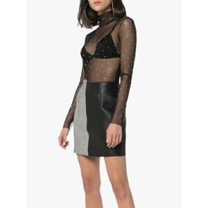 Heron Preston High Neck Rhinestone Mesh Leather Wool Mini Dress Size Small